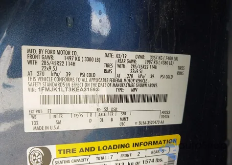 2019 Ford Expedition Max Platinum z USA, uszkodzony, nr VIN 1FMJK1LT3KEA31593